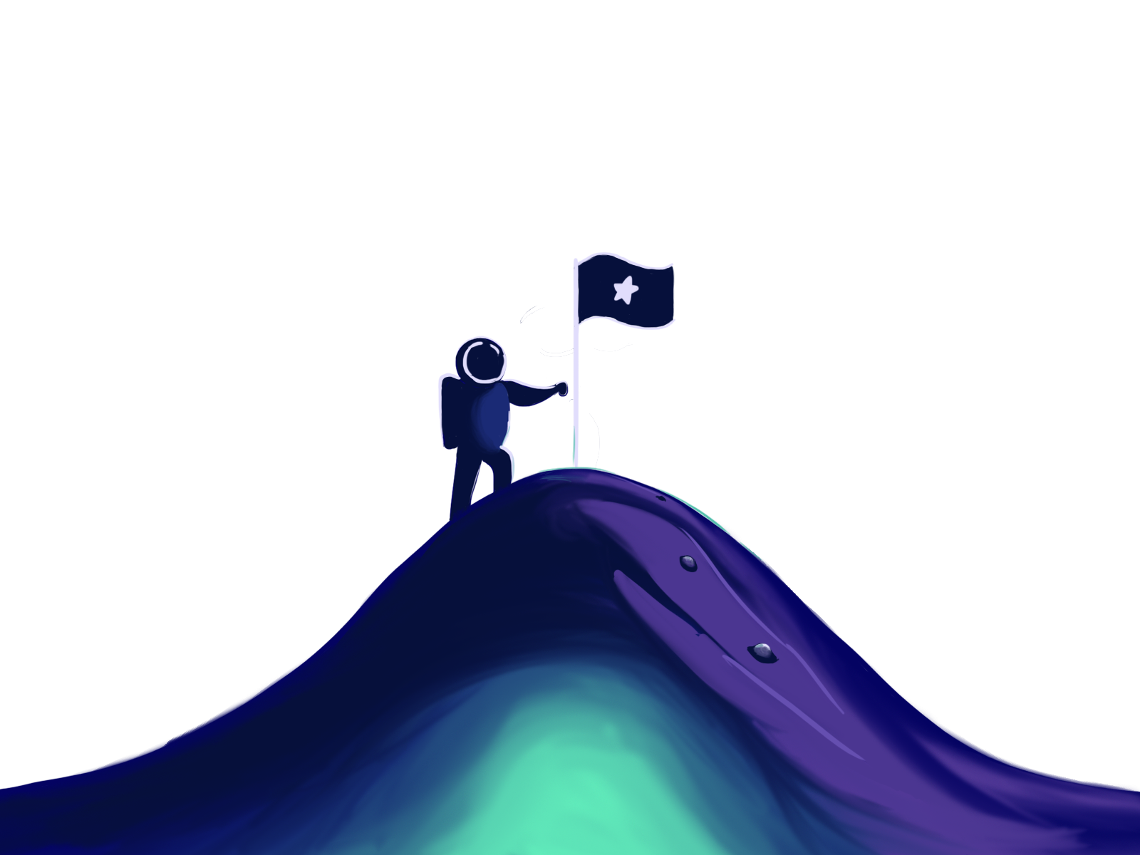 Illustration of an astronaut holding a flag on a sand dune.